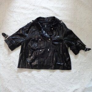 INC Black Leather half sleeve moto jacket, petite L, textured patent leather
